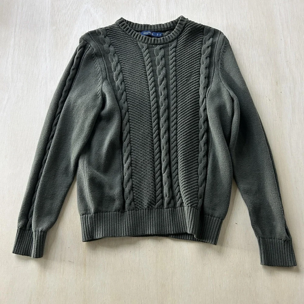Nautica Sweater Mens Medium Green Cotton Cable Knit Crewneck Pullover Casual